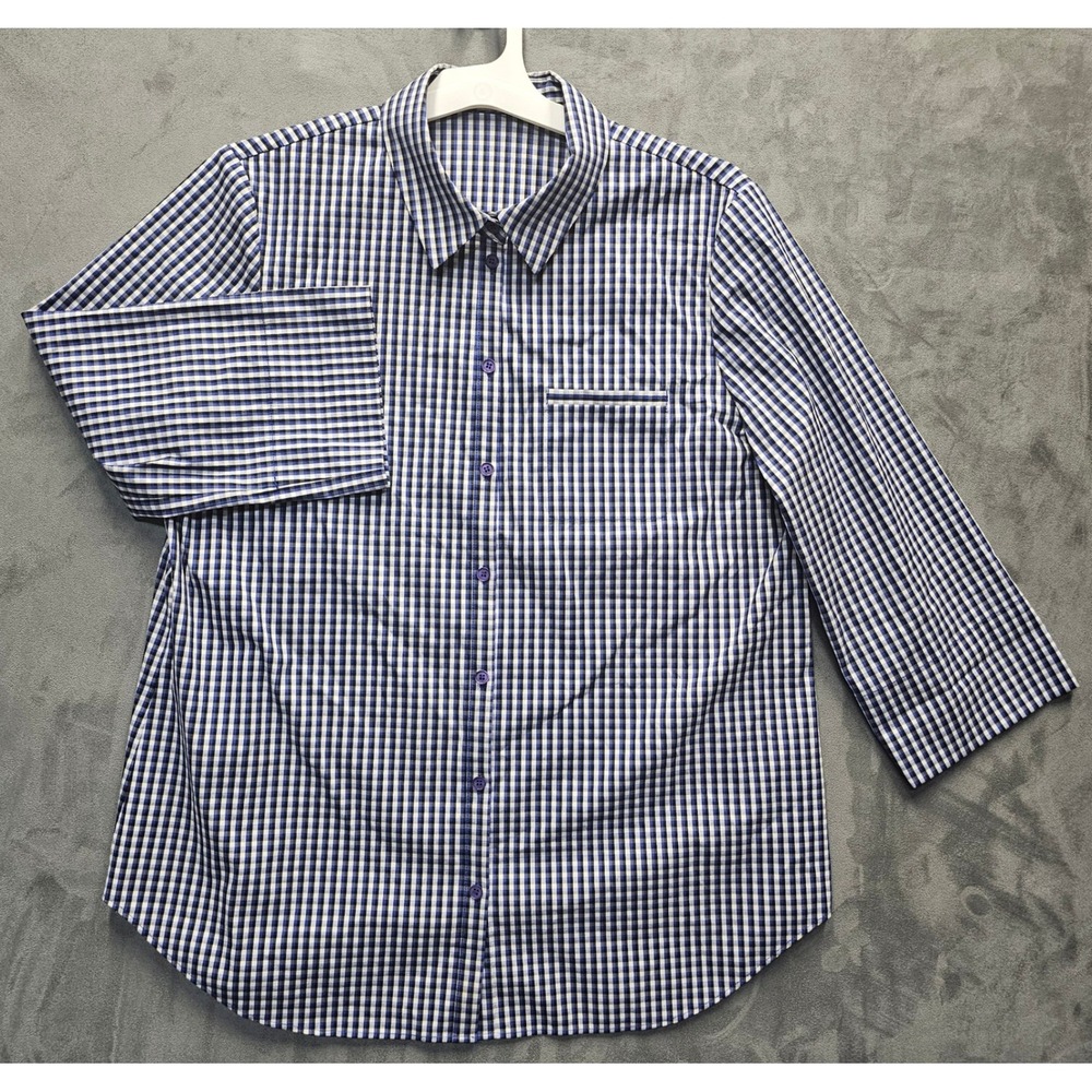 Lafayette 148 New York Blue Gingham Check 3/4 Sleeve Button-up Shirt Large - Picture 3 of 9